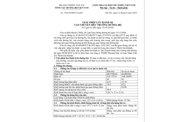 Giấy phép lưu hành xe vận chuyển siêu trường đường bộ