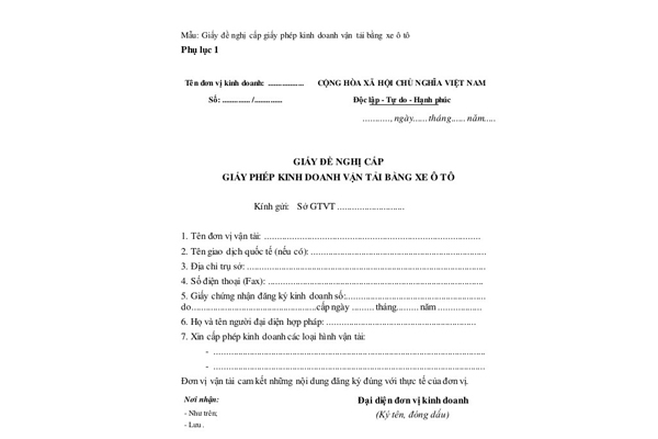 Giấy đề nghị cấp giấy phép kinh doanh vận tải bằng xe ô tô