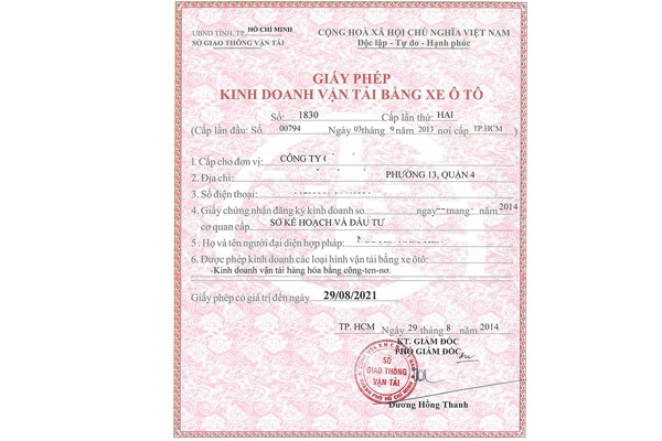 Giấy phép kinh doanh vận tải bằng xe ô tô