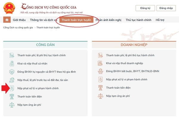 Nộp phạt nguội online qua Cổng dịch công Quốc gia